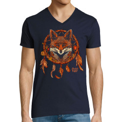 T-shirt homme col V bleu marine Indian Fox (Gondrax,Bad River,Animaux)