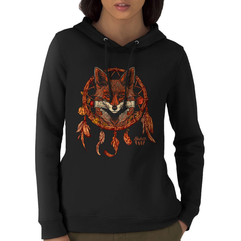 Sweat femme à capuche coton bio noir Indian Fox (Gondrax,Bad River,Animaux)