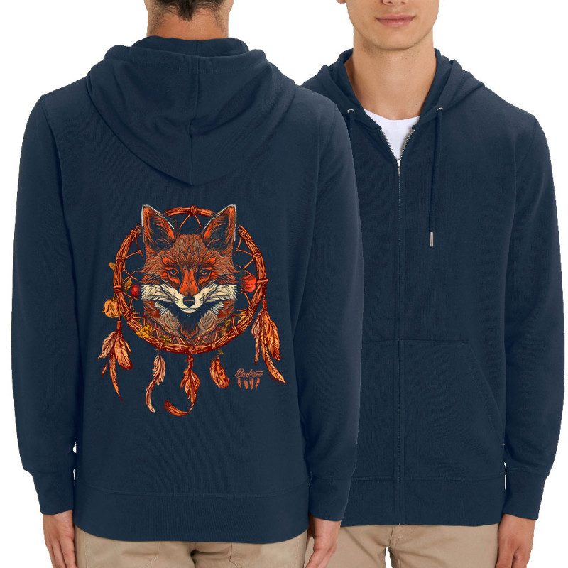 Sweat homme zippé à capuche coton bio bleu marine Indian Fox (Gondrax,Bad River,Animaux)