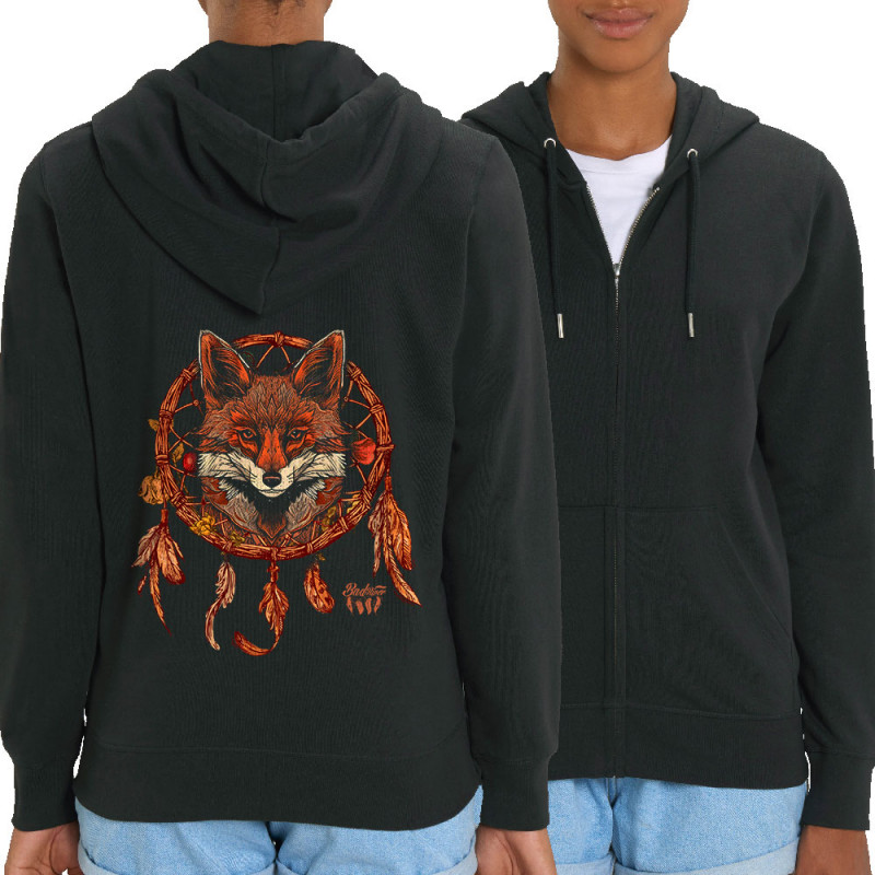 Sweat femme zippé à capuche coton bio noir Indian Fox (Gondrax,Bad River,Animaux)