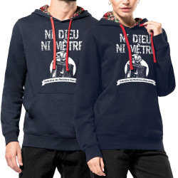Sweat capuche à motifs unisexe bleu marine et rouge tartan Ni Dieu ni mètre (Andy,Humour)