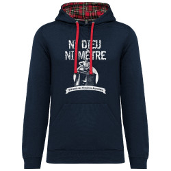 Sweat capuche à motifs unisexe bleu marine et rouge tartan Ni Dieu ni mètre (Andy,Humour)
