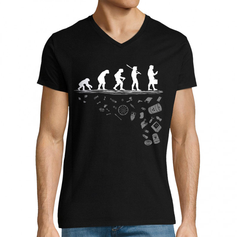 T-shirt homme col V noir Evolution Pollution (Gondrax,Evolution,Ecologie)