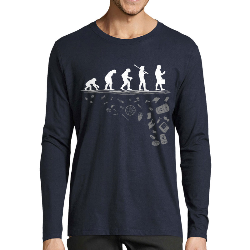 T-shirt homme manches longues bleu marine Evolution Pollution (Gondrax,Evolution,Ecologie)