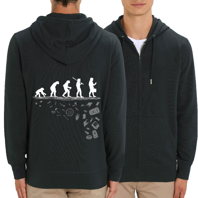 Sweat homme zippé à capuche coton bio noir Evolution Pollution (Gondrax,Evolution,Ecologie)