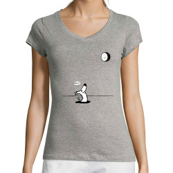 T-shirt femme col V gris chiné Dog Moon Baballe (Gondrax,Humour,Animaux)