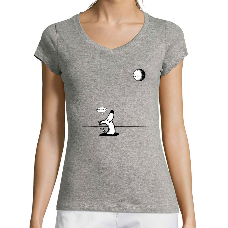 T-shirt femme col V gris chiné Dog Moon Baballe (Gondrax,Humour,Animaux)