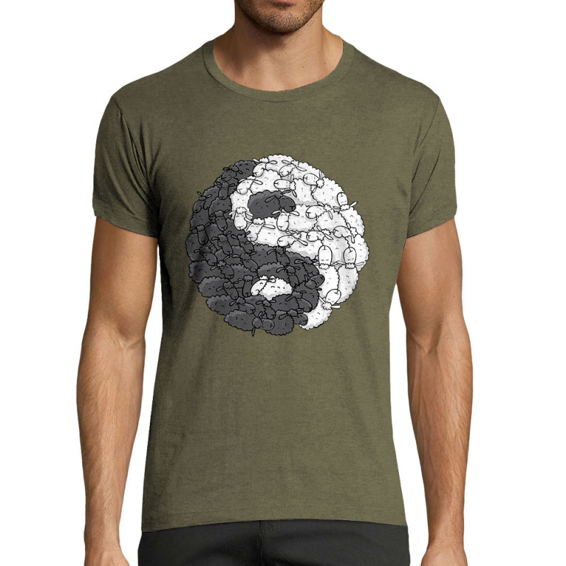 T-shirt homme fit kaki chiné Yin Yang Moutons (Mr Mouton,Humour)