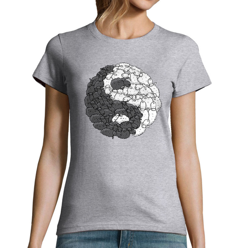 T-shirt femme gris chiné Yin Yang Moutons (Mr Mouton,Humour)