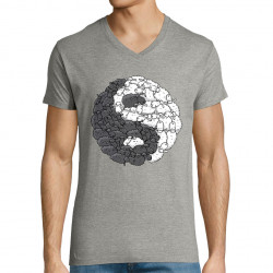T-shirt homme col V gris chiné Yin Yang Moutons (Mr Mouton,Humour)