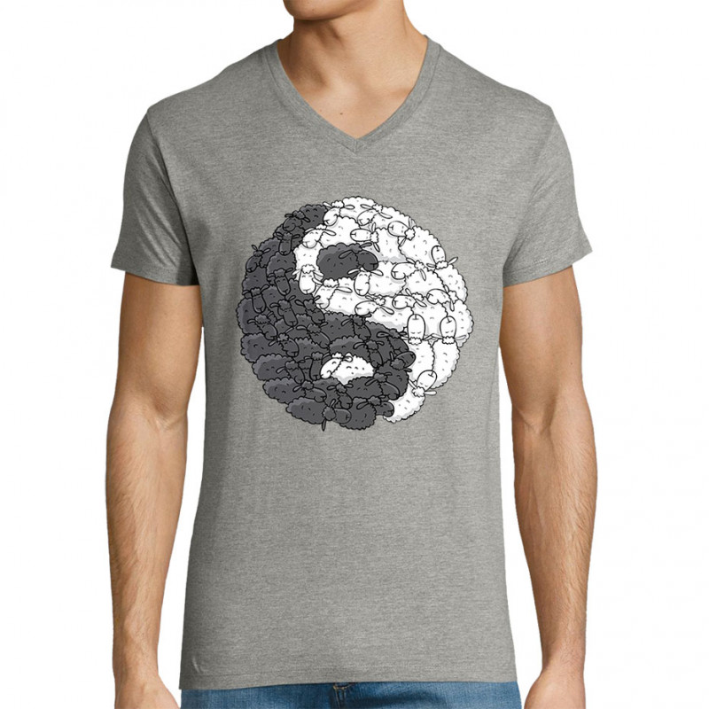 T-shirt homme col V gris chiné Yin Yang Moutons (Mr Mouton,Humour)