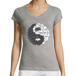 T-shirt femme col V gris chiné Yin Yang Moutons (Mr Mouton,Humour)
