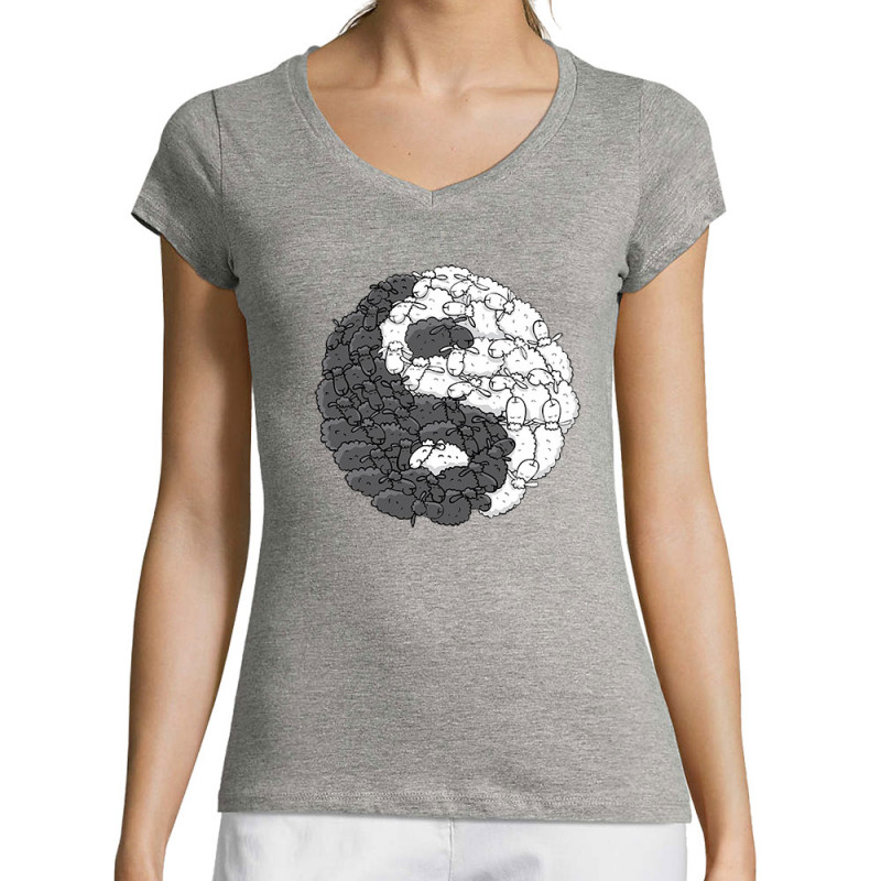 T-shirt femme col V gris chiné Yin Yang Moutons (Mr Mouton,Humour)
