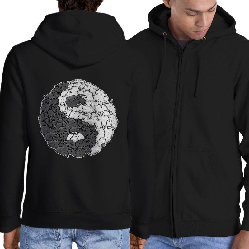Sweat homme à capuche zippé noir Yin Yang Moutons (Mr Mouton,Humour)