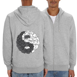 Sweat homme zippé à capuche coton bio gris chiné Yin Yang Moutons (Mr Mouton,Humour)