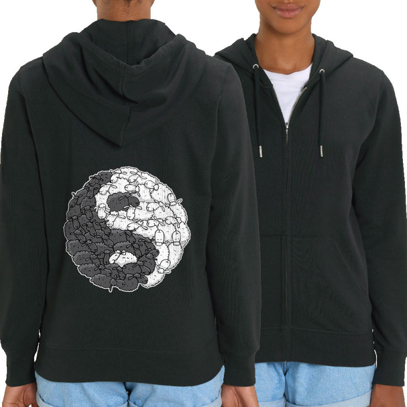 Sweat femme zippé à capuche coton bio noir Yin Yang Moutons (Mr Mouton,Humour)