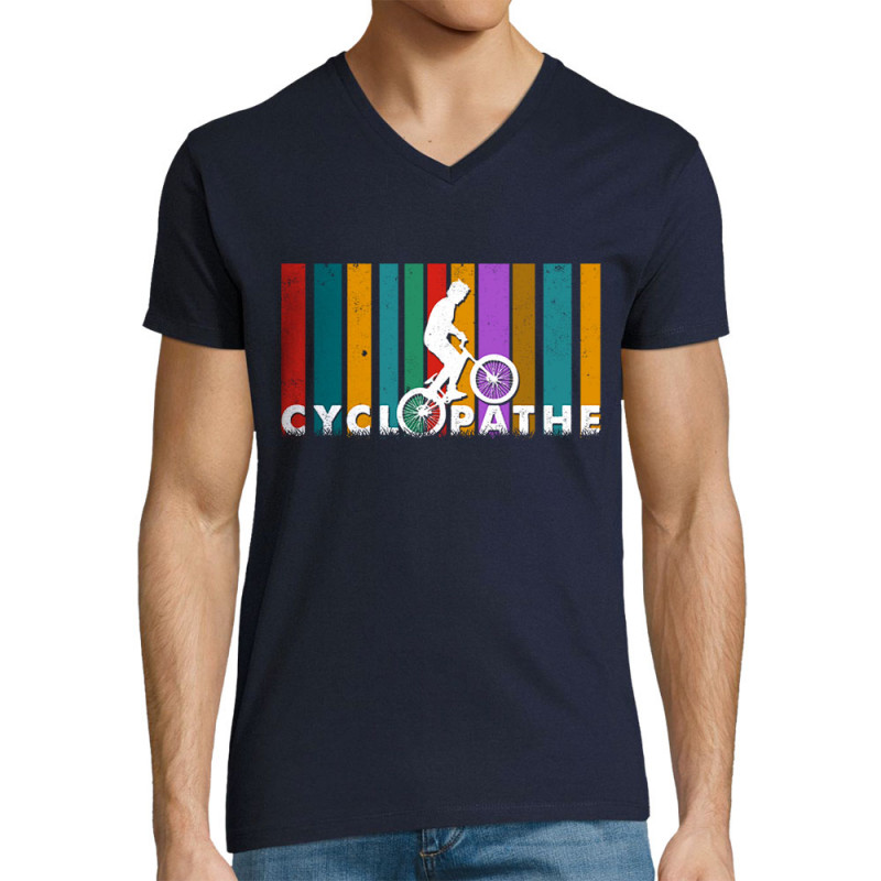 T-shirt homme col V bleu marine Cyclopathe (Gondrax,Vélo)