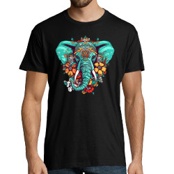 Tee-shirt homme noir Elephant flowers (Animaux,Ethnique)