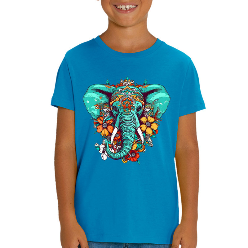 T-shirt enfant coton bio bleu azur Elephant flowers (Animaux,Ethnique)
