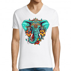 T-shirt homme col V blanc Elephant flowers (Animaux,Ethnique)