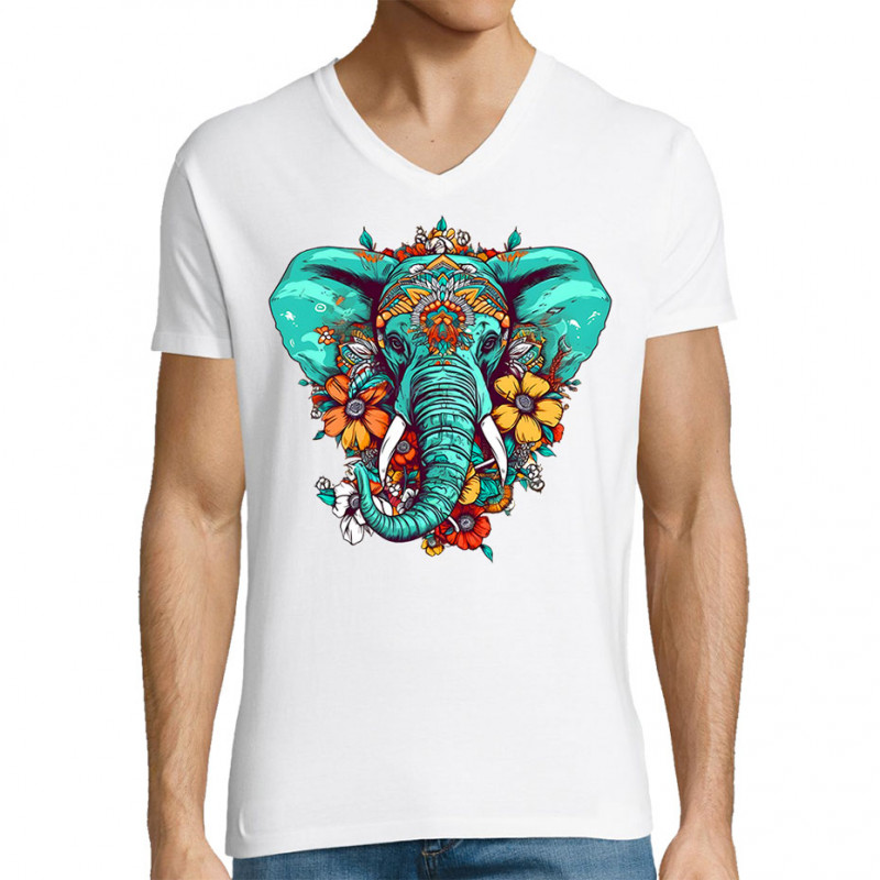 T-shirt homme col V blanc Elephant flowers (Animaux,Ethnique)