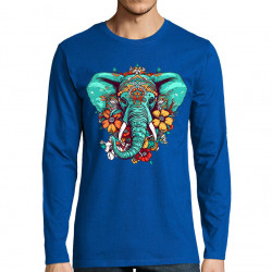 T-shirt homme manches longues bleu royal Elephant flowers (Animaux,Ethnique)