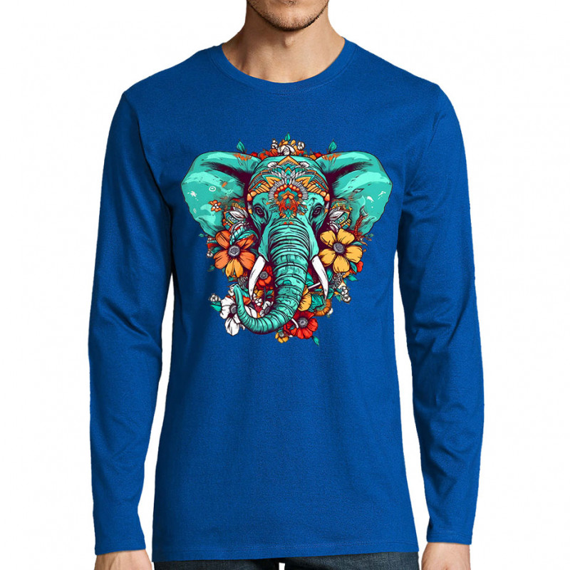 T-shirt homme manches longues bleu royal Elephant flowers (Animaux,Ethnique)