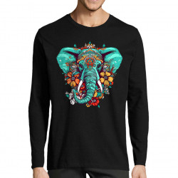T-shirt homme manches longues noir Elephant flowers (Animaux,Ethnique)