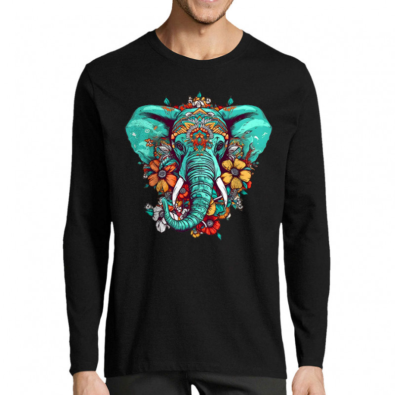 T-shirt homme manches longues noir Elephant flowers (Animaux,Ethnique)