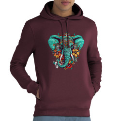 Sweat homme à capuche coton bio bordeaux Elephant flowers (Animaux,Ethnique)