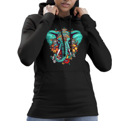 Sweat femme à capuche noir Elephant flowers (Animaux,Ethnique)