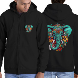 Sweat homme à capuche zippé noir Elephant flowers (Animaux,Ethnique)