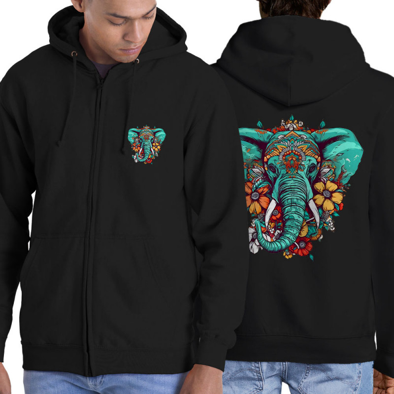 Sweat homme à capuche zippé noir Elephant flowers (Animaux,Ethnique)