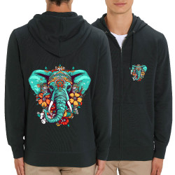 Sweat homme zippé à capuche coton bio noir Elephant flowers (Animaux,Ethnique)
