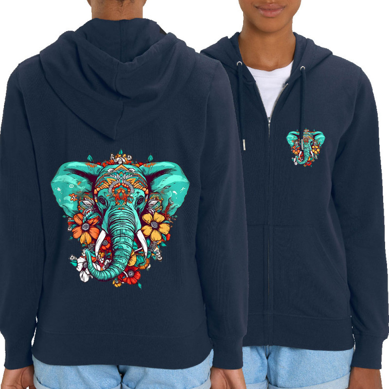 Sweat femme zippé à capuche coton bio bleu marine Elephant flowers (Animaux,Ethnique)
