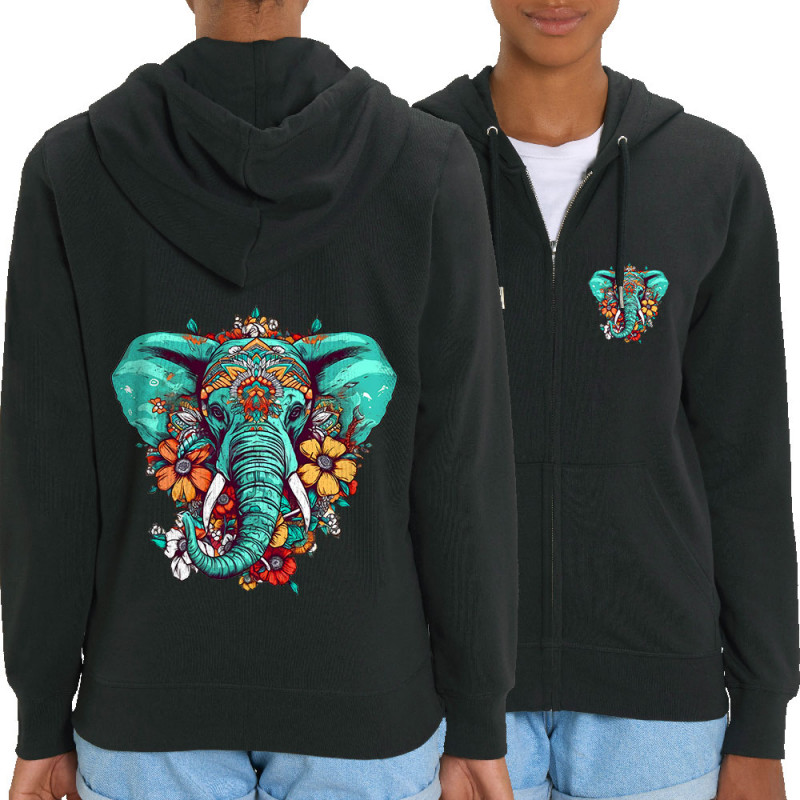 Sweat femme zippé à capuche coton bio noir Elephant flowers (Animaux,Ethnique)