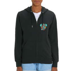 Sweat femme zippé à capuche coton bio noir Elephant flowers (Animaux,Ethnique)