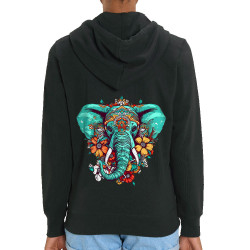 Sweat femme zippé à capuche coton bio noir Elephant flowers (Animaux,Ethnique)