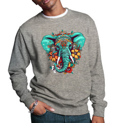 Sweat homme col rond gris chiné Elephant flowers (Animaux,Ethnique)