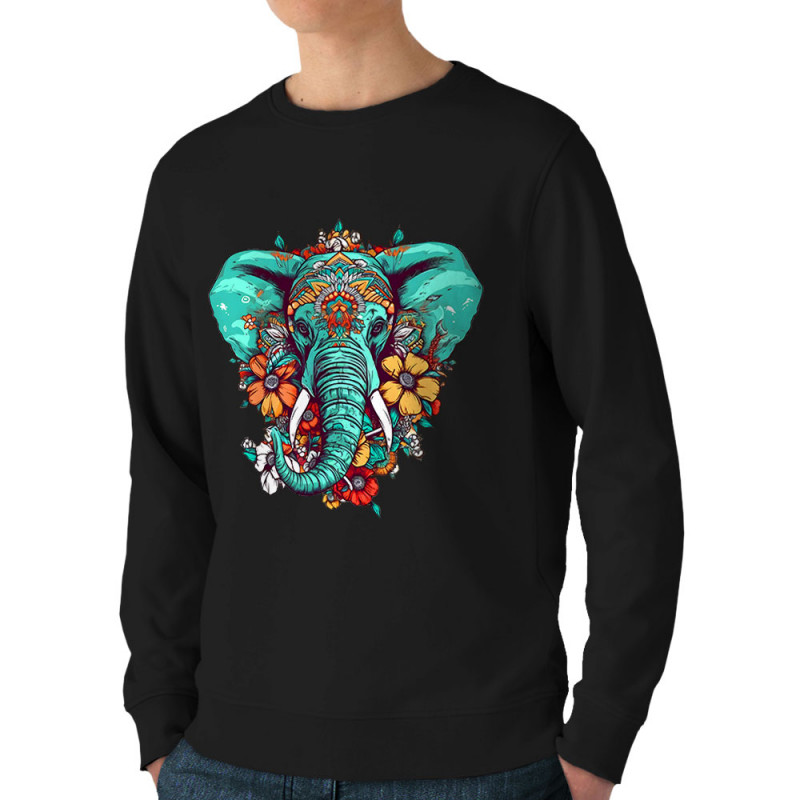 Sweat homme bio col rond noir Elephant flowers (Animaux,Ethnique)