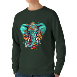 Sweat homme bio col rond vert foncé Elephant flowers (Animaux,Ethnique)