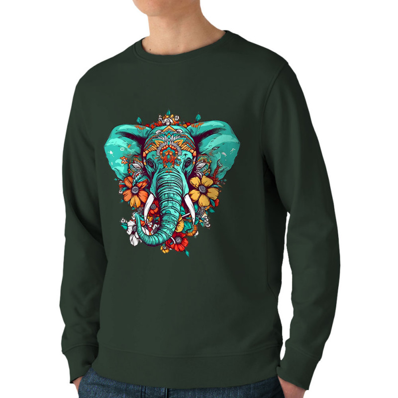 Sweat homme bio col rond vert foncé Elephant flowers (Animaux,Ethnique)