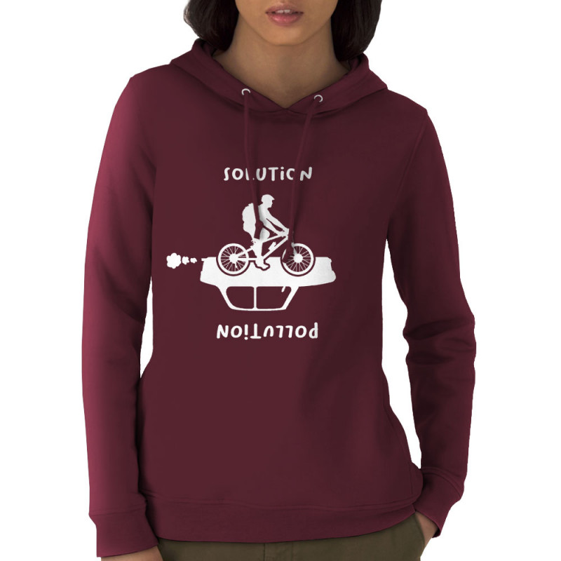 Sweat femme à capuche coton bio bordeaux Pollution Solution (Gondrax,Ecologie,Vélo,Slogans engagés)