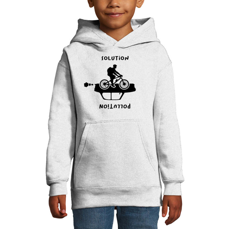 Sweat enfant à capuche blanc Pollution Solution (Gondrax,Ecologie,Vélo,Slogans engagés)