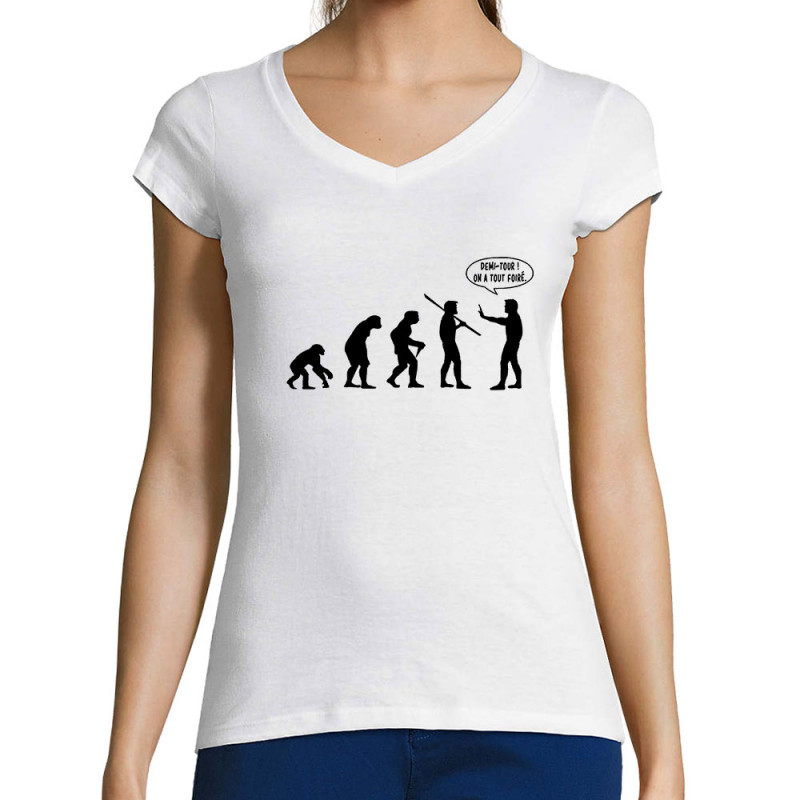 T-shirt femme col V blanc Evolution foirée (Gondrax,Slogans engagés,Evolution)