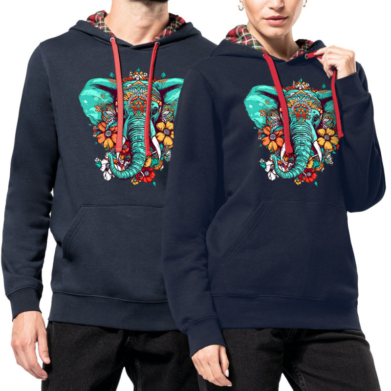 Sweat capuche à motifs unisexe bleu marine et rouge tartan Elephant flowers (Animaux,Ethnique)