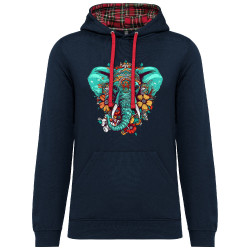 Sweat capuche à motifs unisexe bleu marine et rouge tartan Elephant flowers (Animaux,Ethnique)