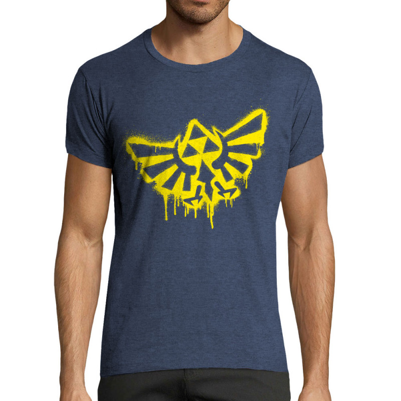 T-shirt homme fit bleu denim chiné Triforce Spray (Gondrax,Jeux Vidéo / Geek)