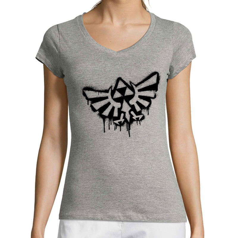 T-shirt femme col V gris chiné Triforce Spray (Gondrax,Jeux Vidéo / Geek)
