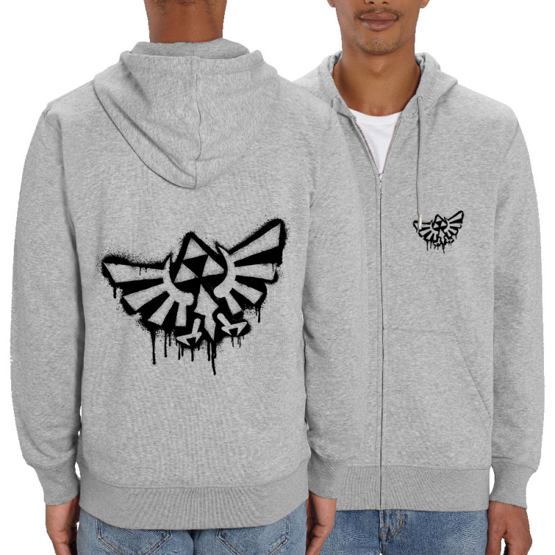 Sweat homme zippé à capuche coton bio gris chiné Triforce Spray (Gondrax,Jeux Vidéo / Geek)